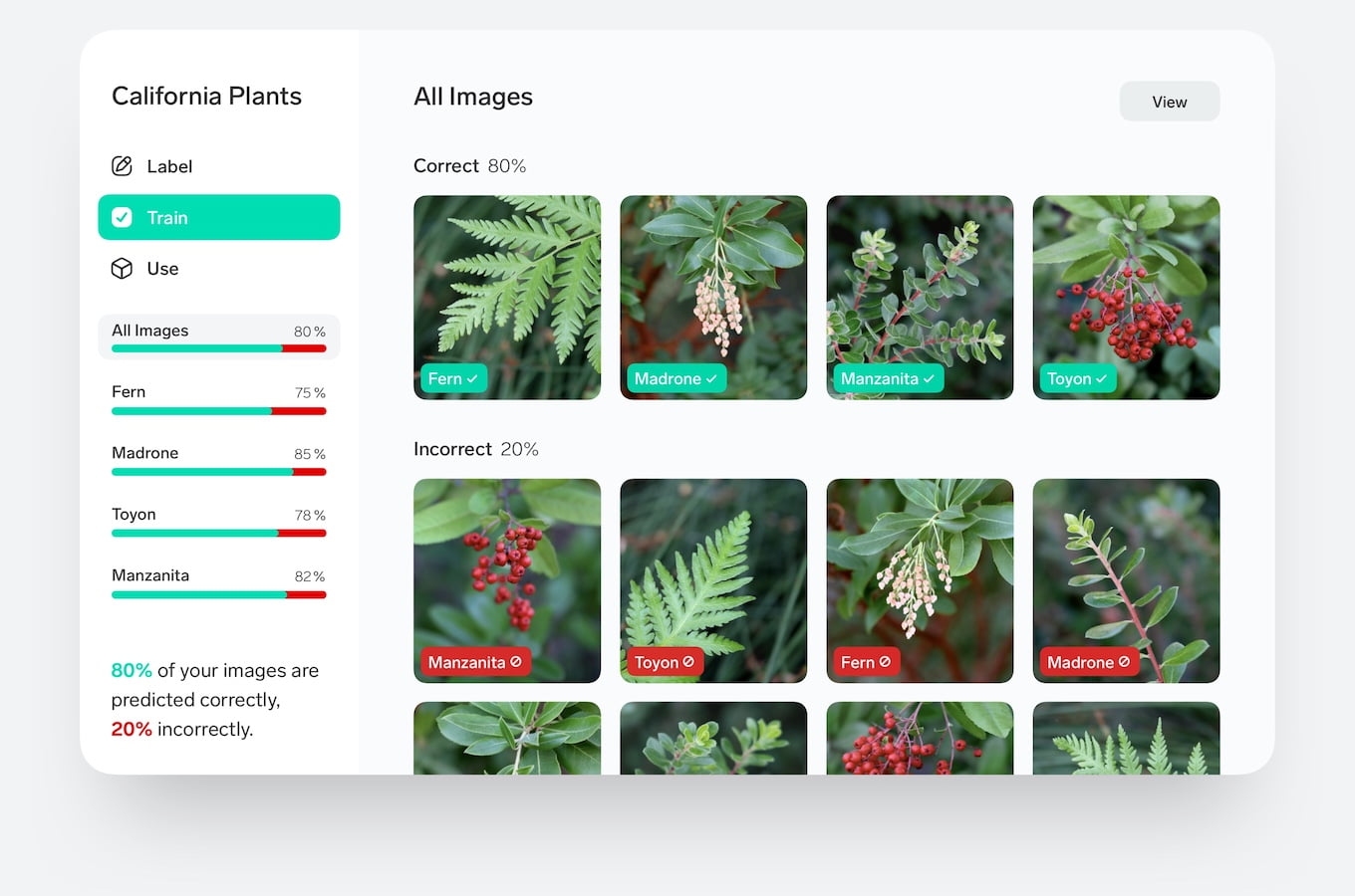 Screenshot of the Lobe app showcasing a machine learning dataset called California Plants.